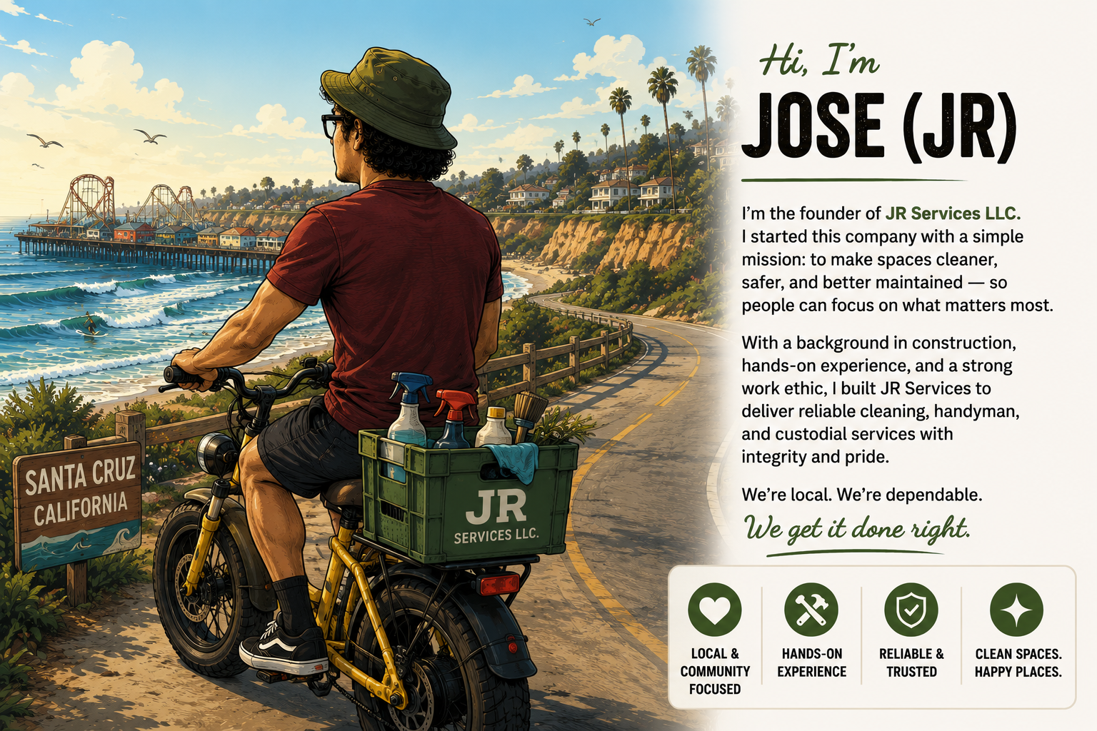 Meet Jose (JR), founder of JR Services LLC — riding a yellow e-bike with a JR Services crate of cleaning supplies along the Santa Cruz coast