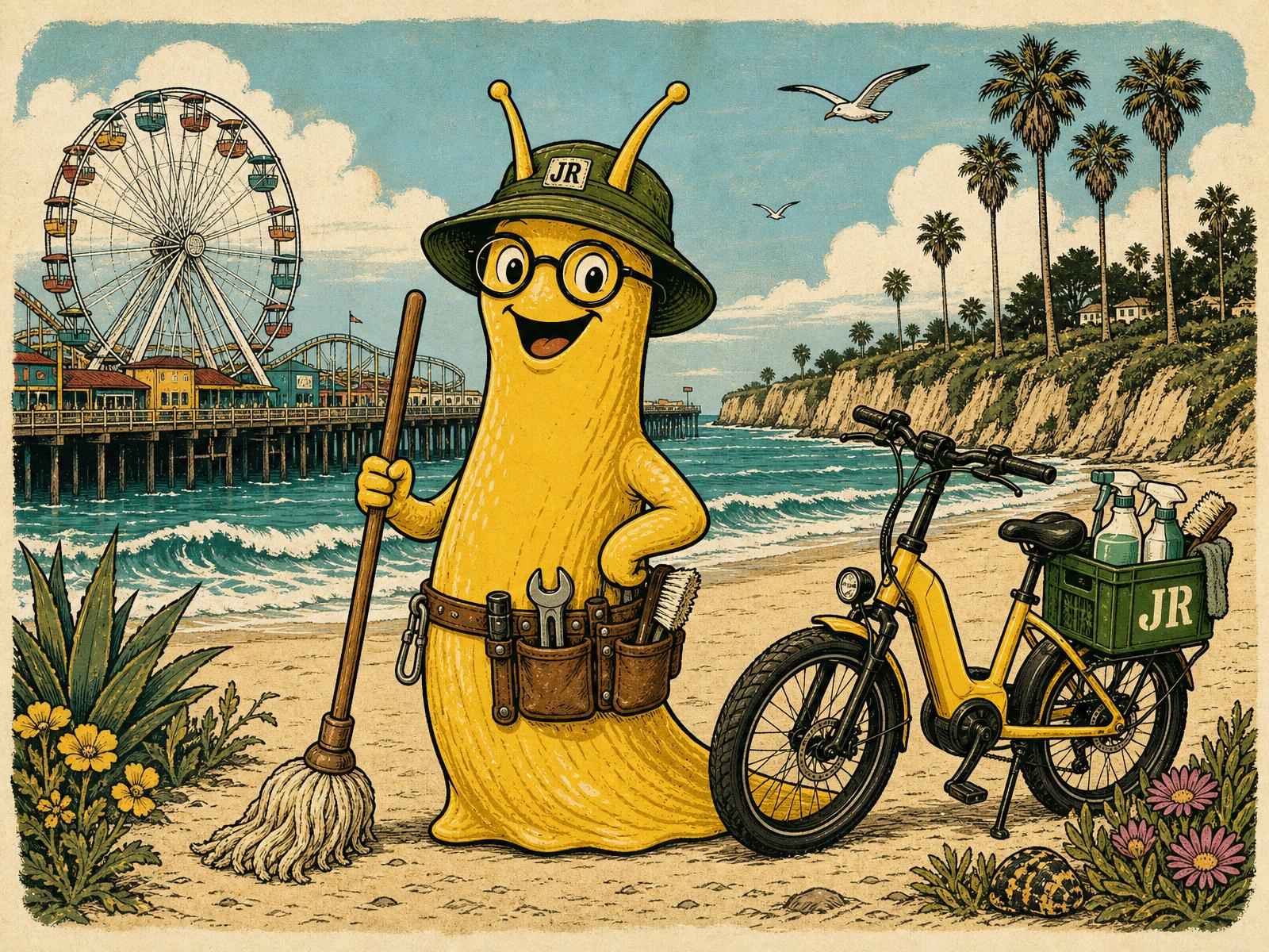 JR Services banana slug mascot with an e-bike and mop at the Santa Cruz beach boardwalk